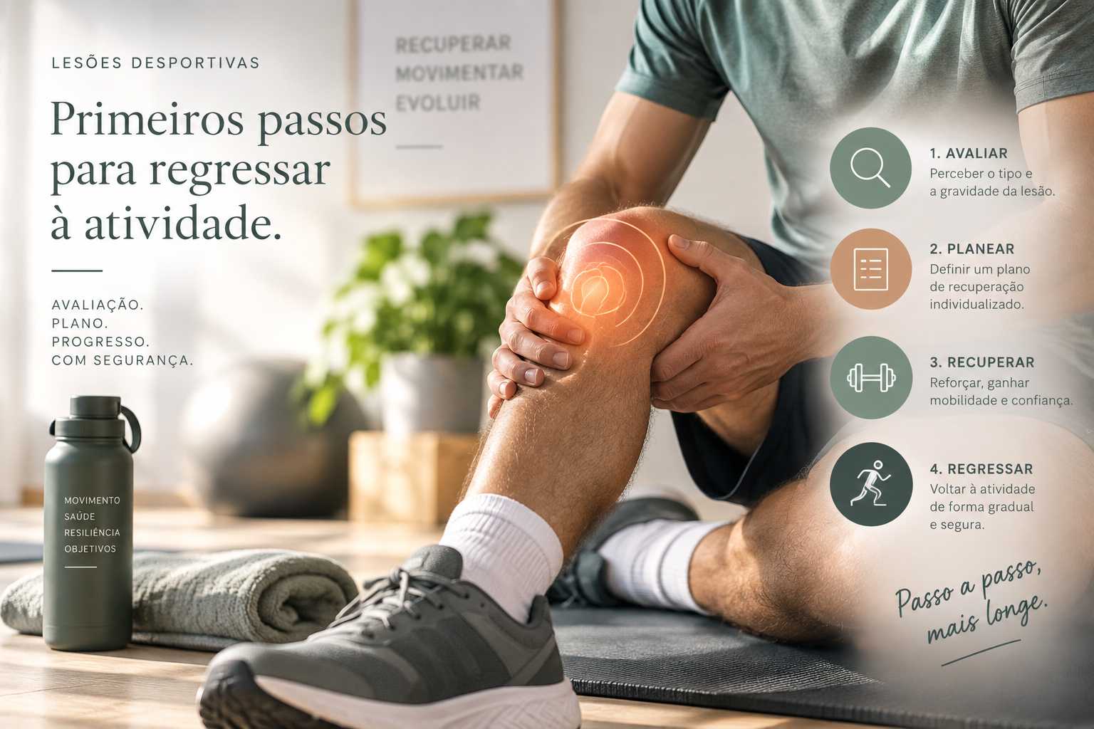 Pessoa a recuperar de uma lesão desportiva com progressão para o regresso à atividade.