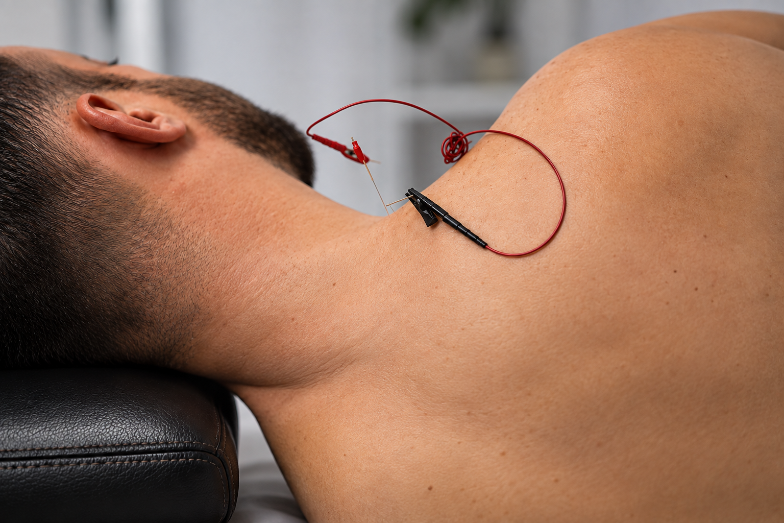 Puncture sèche avec aiguilles d'acupuncture et électrostimulation au niveau cervical
