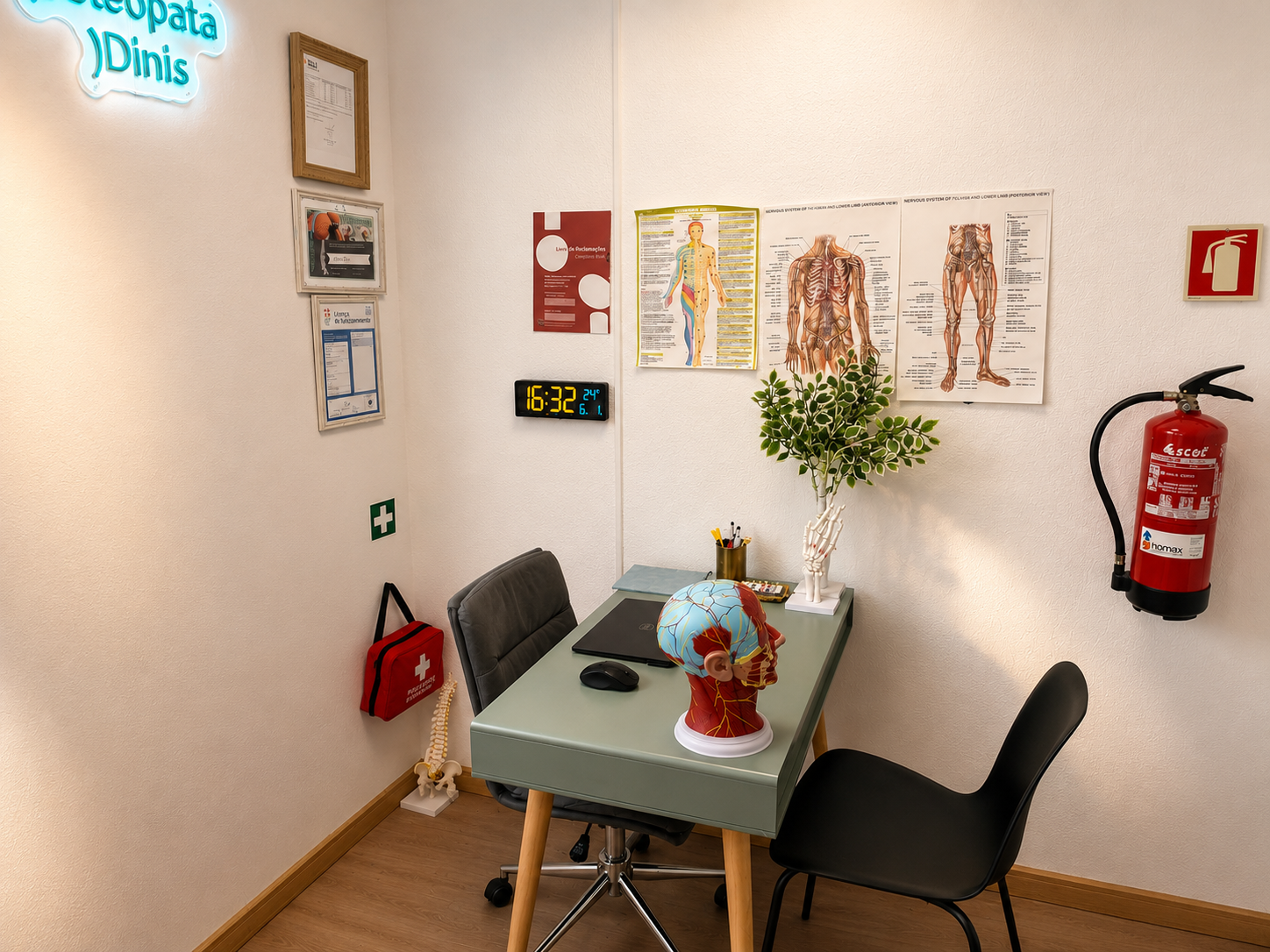Consultório de osteopatia — zona de avaliação e secretária