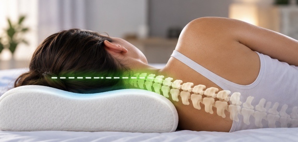 Exemplo ilustrativo de apoio cervical com almofada ao dormir de lado